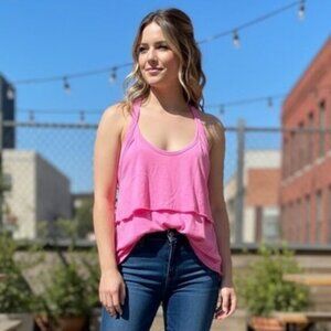 Aritzia Wilfred Tank Top Pink Cotton Knotted tie Racerback tiered ruffle Size XS